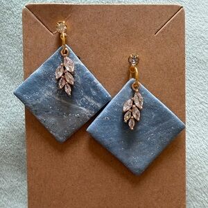 Elegant Blue and Gold Leaf Drop Handmade Polymer Clay Earrings